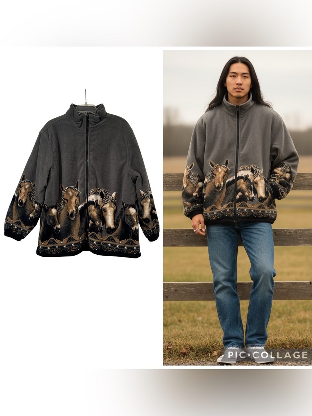 CW Classics Horse Print Fleece Zip Jacket Charcoal Gray Multi Size XL